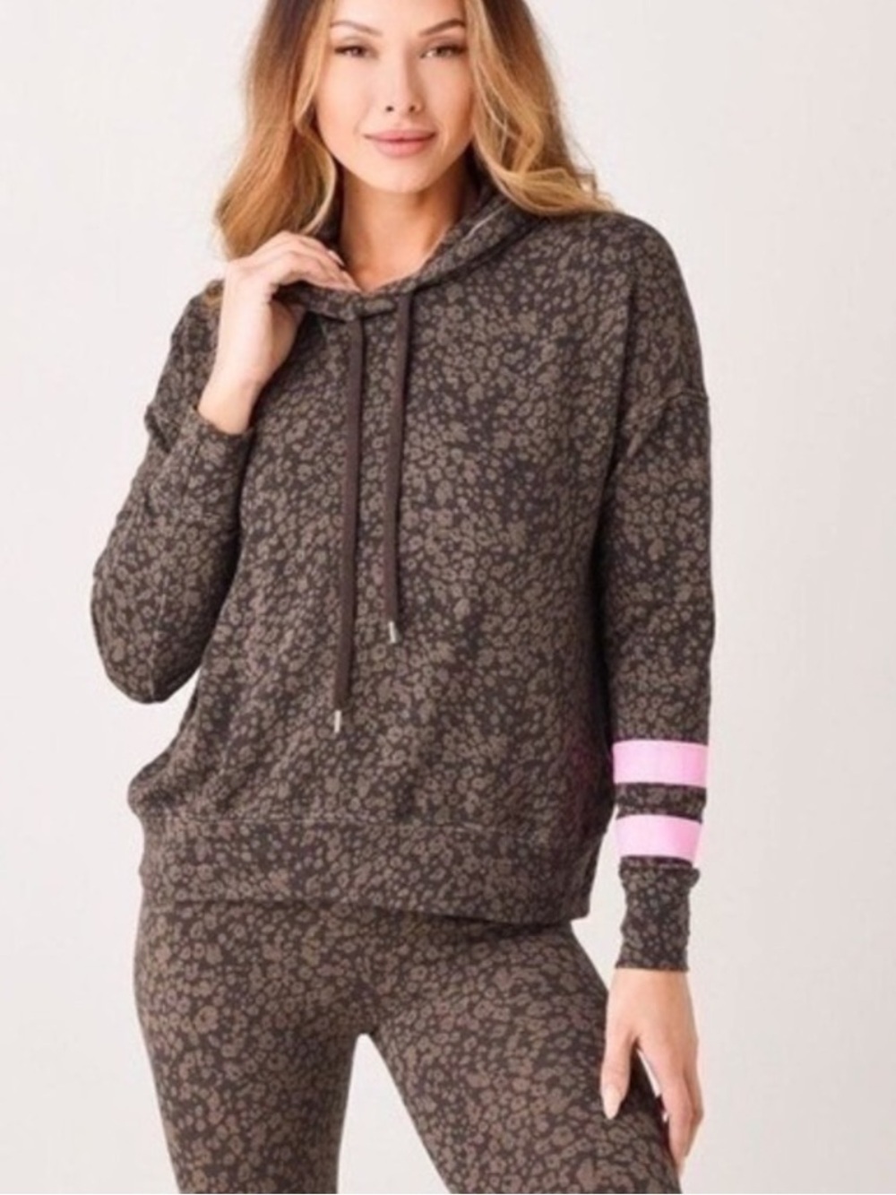 NWT Sundry Teddy Striped Floral Hoodie Brown Pink Arm Stripes sweater